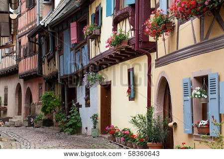 Street with half-timbered medieval houses in Eguisheim