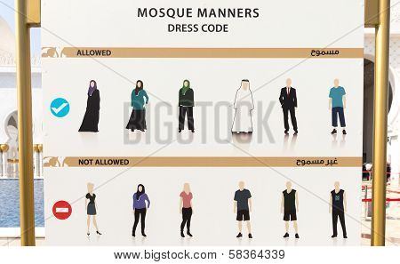 Abu Dhabi, United Arab Emirates - January 18: Dress Code Sign In Sheikh Zayed Grand Mosque, On Janua