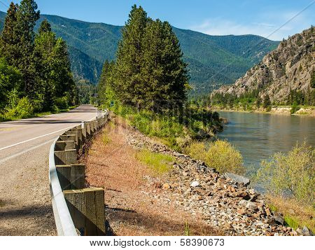Highway Parallels A Wide Mountain River - Clark Fork River Montana Usa