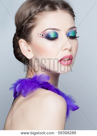 Beautiful Model Wearing Blue Make-up - Studio Shot On Grey