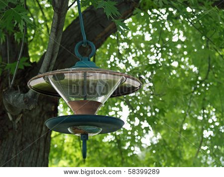 A Glass And Metal Birdfeeder Hanging From A Tree