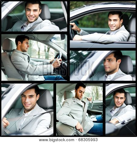 Collage of a man driving a car