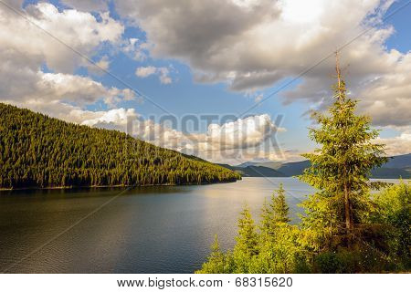 Mountain Lake Vidra summer evening view (near Romania Transalpina road)