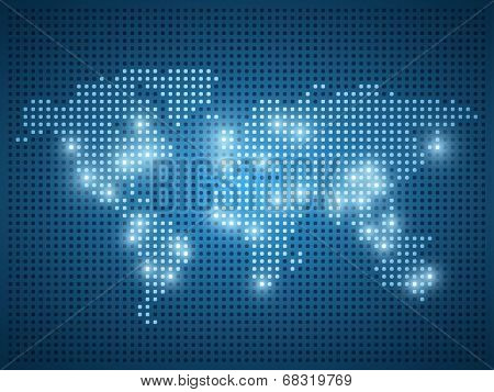 World map dot illustration on blue background.