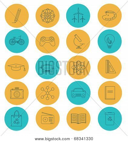 Flat Lines Icons Of Science And Physics. Elements For Web And Mobile Applications.
