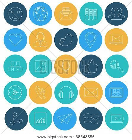 Flat Lines Icons Of Social Network. Seo And Internet. Elements For Web And Mobile Applications.