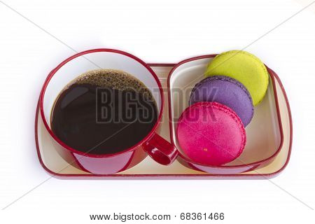 Red Cup Of Coffee And Colorful Biscuit Isolated On White Background