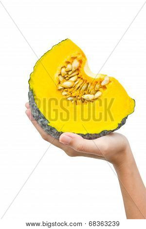 Pumpkin In Hand Isolated On White Background.