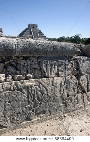 Maya Hieroglyphs With The Great Pyramid In The Background Kukulcan In Chichen Itza