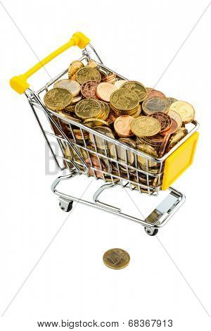 a shopping cart is well stocked with euro coins, symbolic photo for purchasing power and consumption