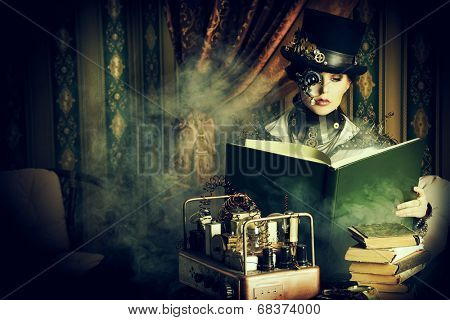 Portrait of a beautiful steampunk woman over vintage background.