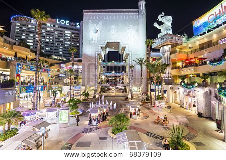 HOLLYWOOD, CALIFORNIA - NOVEMBER 8, 2013: Hollywood and Highland complex at night.  Located along the Hollywood Walk of Fame, it is among the most visited tourist destinations in Los Angeles.