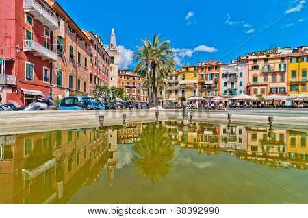 facades and tower bell in the main square of Lerici, Liguria - Italy
