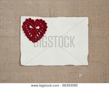Valentine card with crochet heart over burlap