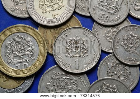 Coins of Morocco. Coat of arms of Morocco depicted in the Moroccan dirham coins. 