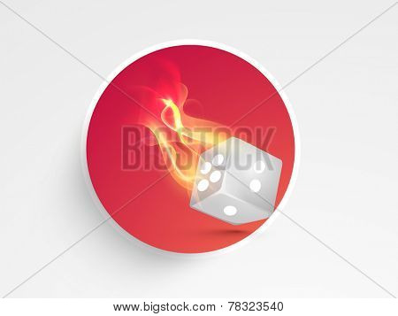 Stylish burning dice sticker, tag or label for casino concept on grey background.