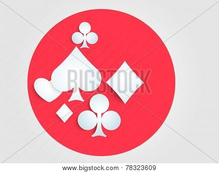Stylish playing cards symbols on red circle.