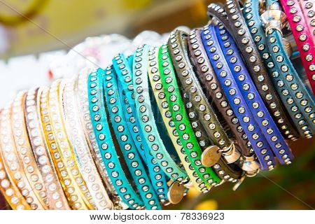 close up of colorful bracelets