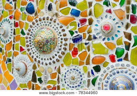 Thai Benjarong Bowl On Tile Mosaic Background.