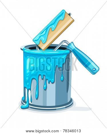 Can bucket with blue paint and roller for painting maintenances. Eps10 vector illustration. Isolated on white background