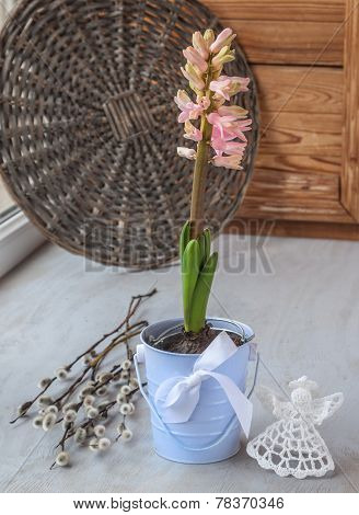 Spring Still Life With Pink Hyacinths And Angel On The Window