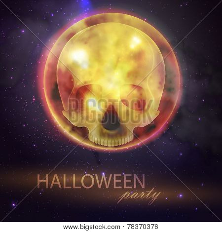 Halloween vector illustration with full moon and skull on the night sky background. party flyer desi