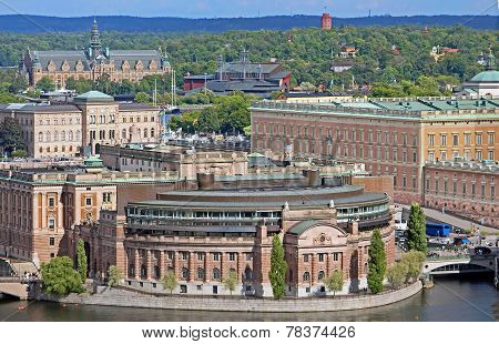 Aerial View Of Riksdag (parliament) Building And Stockholm Palace At Helgeandsholmen Island, Stockho