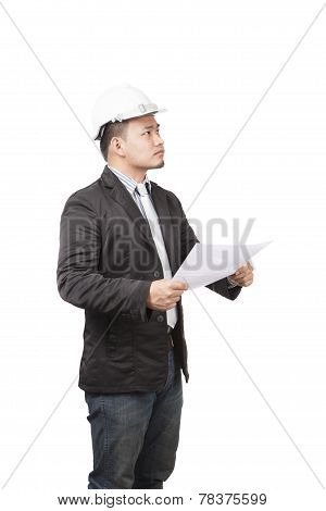 Side View Of Young Asian Wearing Safety Helmet Working Engineering Man Holding Project Paper Work Is