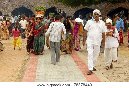 Hindu devotees carry Bonam to the temple in Golconda fort in Hyderabad,India
