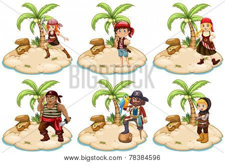 Illustration of set of pirates on the island