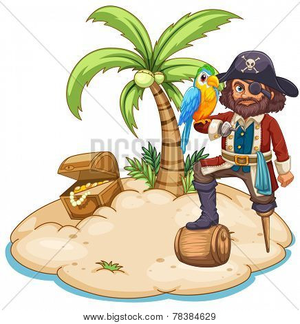 Illustration of a pirate and parrot on the island