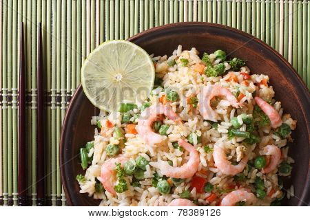 Fried Rice With Shrimp And Vegetables Close-up, Horizontal Top View