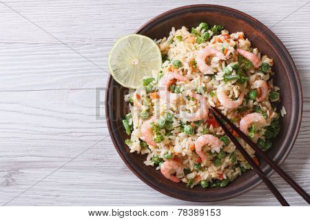 Japanese Fried Rice With Seafood, Eggs And Vegetables Top View