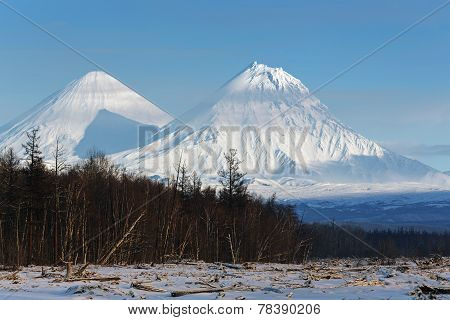 Klyuchevskoy Volcano And Kamen Volcano On The Kamchatka Peninsula