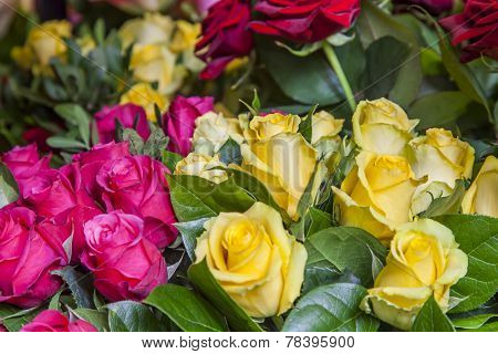 Bright bouquet of roses of various grades