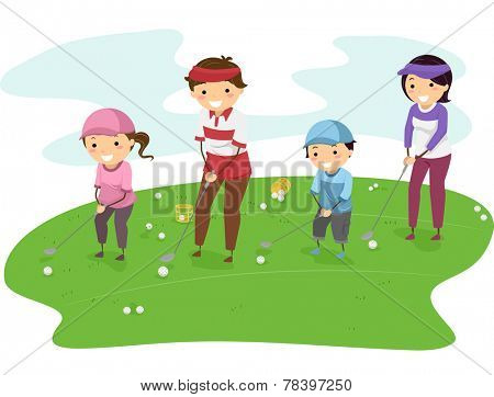 Illustration of a Family in a Golf Course Playing Golf Together