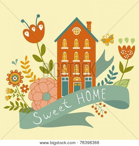 Home sweet home concept illustartion with house, ribbon and flowers