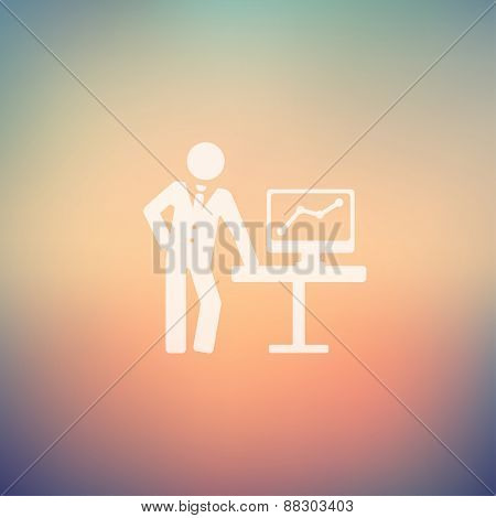 Businessman excplaining graphic icon in flat style for web and mobile, modern minimalistic flat design. Vector white icon on gradient mesh background