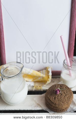 Rustic Home Made Cookies On The Wooden Background With Milk