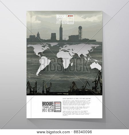 Shipyard and city landscape, world map vector. Brochure, flyer or report for business, templates vec