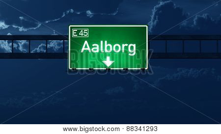Aalborg Denmark Highway Road Sign At Night