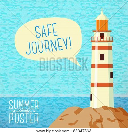 Cute summer poster - sea beacon on the rock, with speech bubble for your text. Vector.