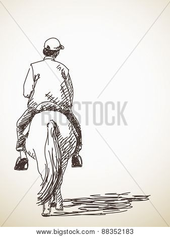 Sketch of man riding a horse back view Hand drawn vector illustration