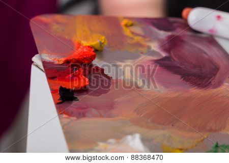 Brush makeup lying on pallets with different colours.
