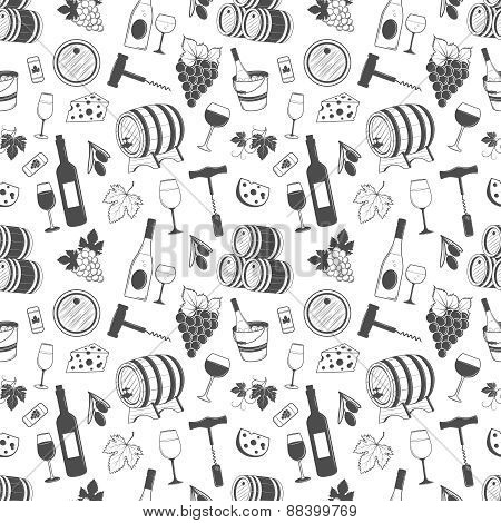 Wine seamless pattern with grapes, leaves, wine, bottle of wine and etc.