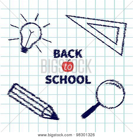 Handdrawn Doodle Magnifier, Pencil, Light Bulb, Ruller On Paper Sheet Background Exercise Book Back