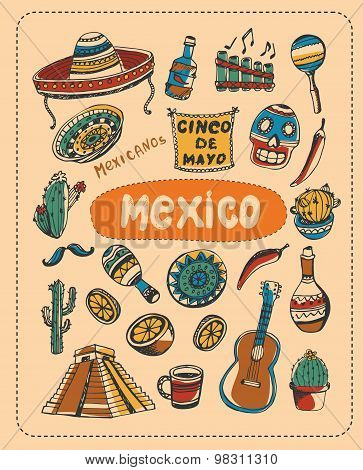 Mexican associated symbols. Mexican national and cultural related and sketches with pen Mexican ethnic elements. Latin America concept sketches and Mexican background sign. Mexican vector doodle. Mexican art. Sombrero, tequila, Mayan pyramid, guitar.