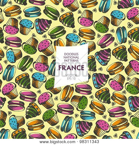 Seamless pattern of the tourist attractions and famous subjects of France. France foods icons. Travel to France symbol concept. Discover France. Cartoon France background. France pattern.