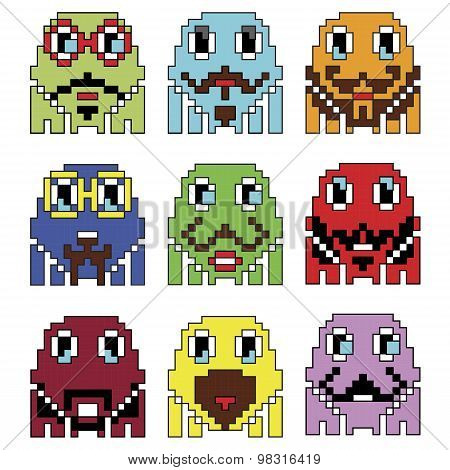 Pixelated robot Hipster 2 emoticons  inspired  by 90's vintage video computer  games showing vary em