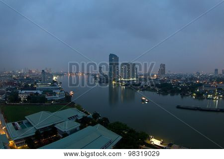View At Night In The Chao Phraya River In Bangkok Thailand In The Yan Nawa Area